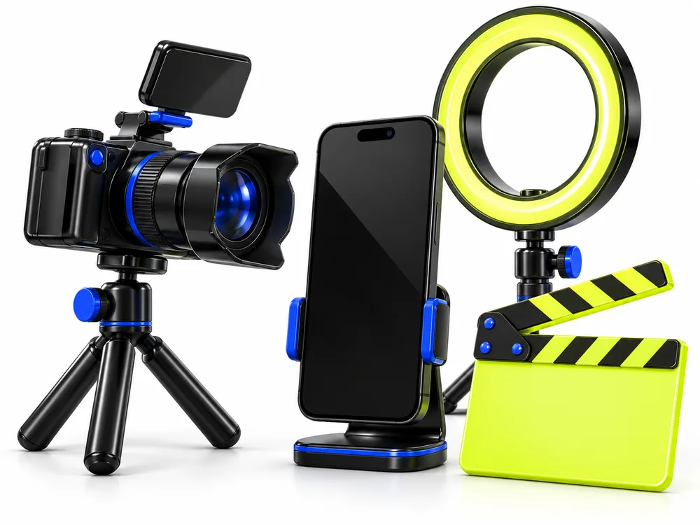 A camera, ring light and clapperboard set up around a phone
