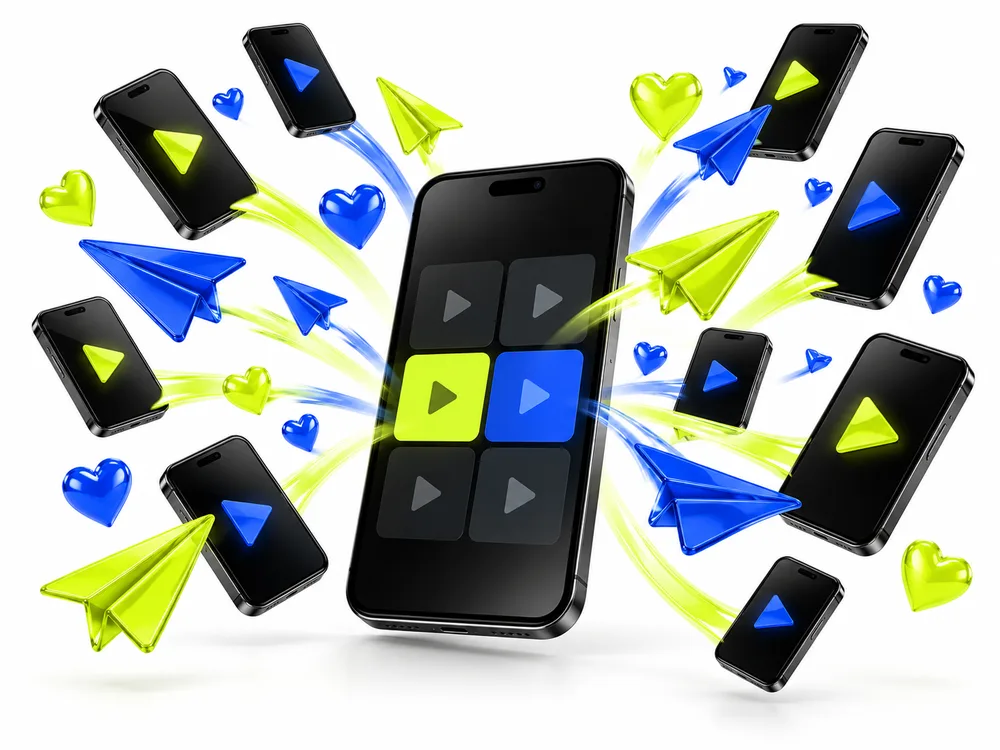 Phones and paper planes spreading out from one central phone